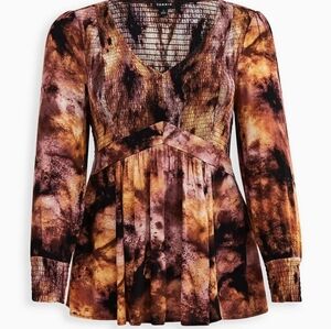 Torrid Babydoll Crinkle Gauze Smoked  Women's Brown and Black Long Sleeve Blouse